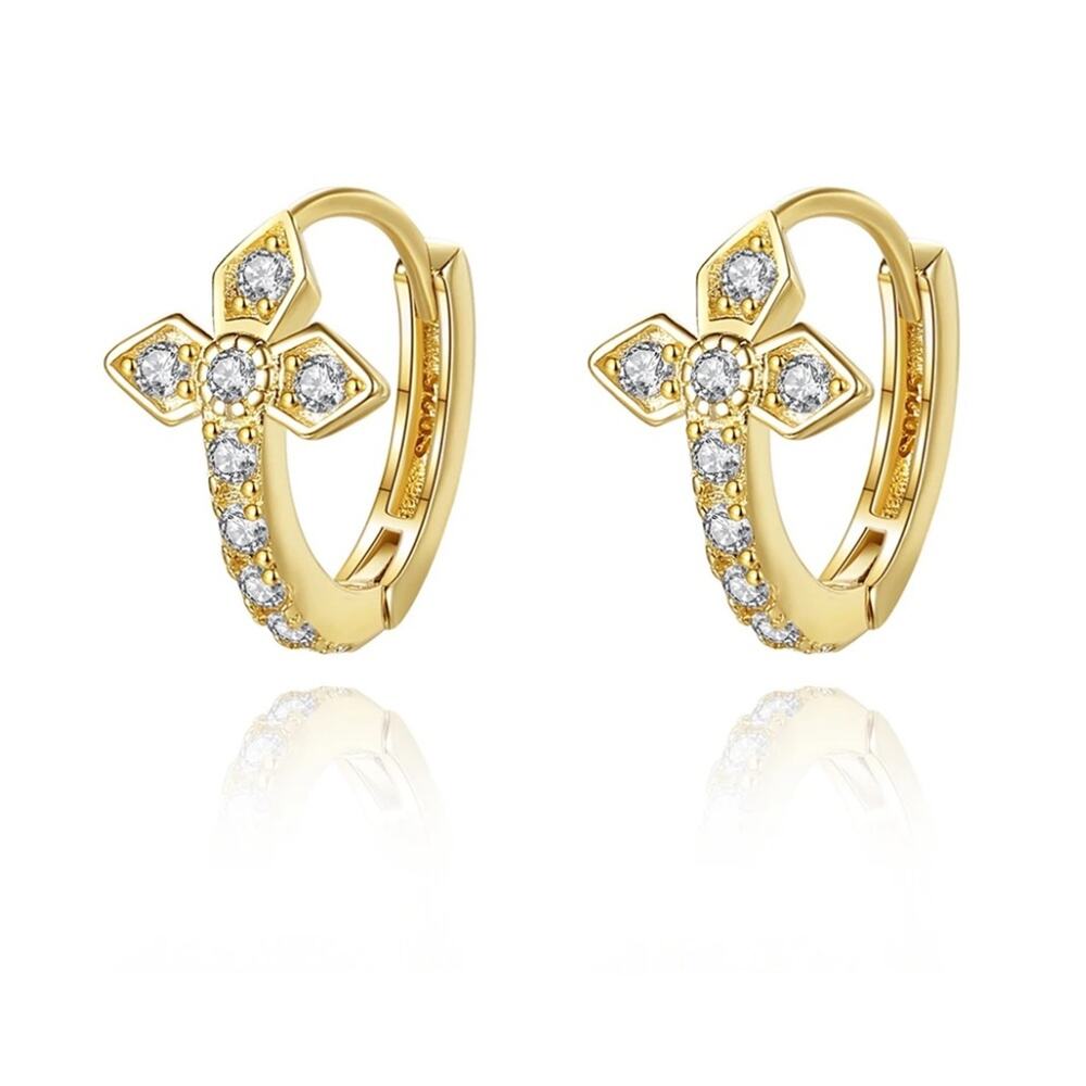 NEW 14K yellow gold pl over sterling silver CZ hoop cross earrings jewelry B5A - Picture 2 of 9